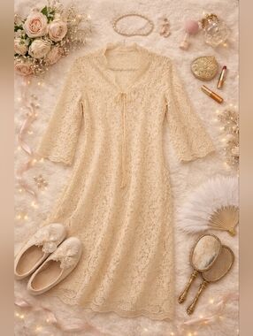 Vtg 60s MCM Miss Eileen Chantilly Lace Deadstock Peignoir. Ladies Med